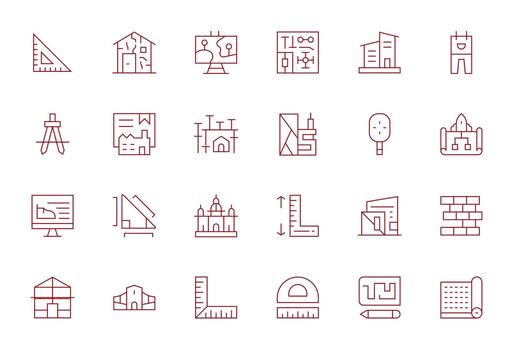 24 alto resolución Delgado línea cuadrícula equipado íconos para Plano proyectos vector