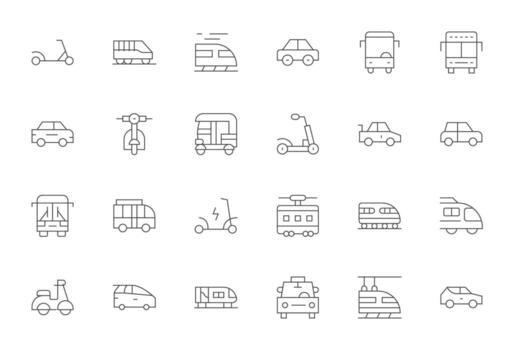 Commute Comprehensive Bundle with 24 PIXEL Perfect Thin Line High Resolution Icons vector