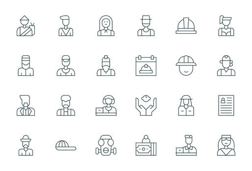 24 Thin Line Icons for Worker in crisp 128x128 Pixel Optimized resolution vector