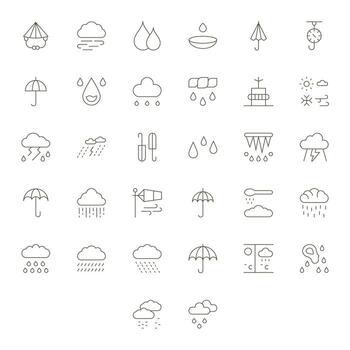 lluvia icono conjunto con 32 Delgado línea retina Listo píxel alineado gráficos vector