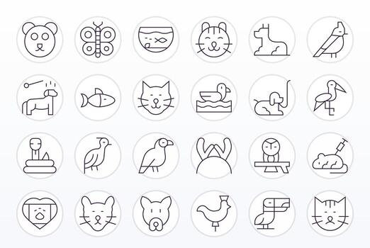 24 monitor Perfecto íconos temática alrededor animal en alto resolución Delgado línea formato vector