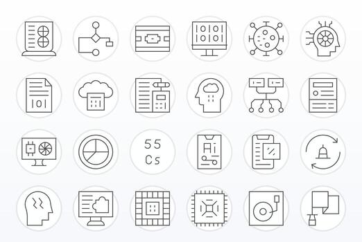 24 PIXEL Perfect Icons themed around Data Processing in 64x64 Thin Line format vector