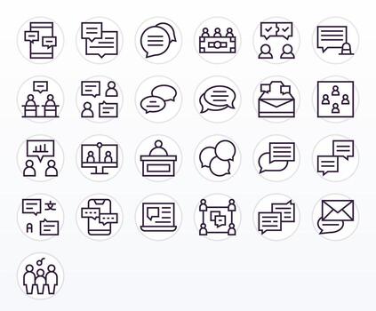 Discussion Icon Set with 25 Regular Line High Resolution Pixel Aligned Graphics vector