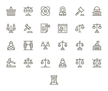 Justice Complete Package with 25 High Resolution Regular Line PIXEL Perfect Icons vector
