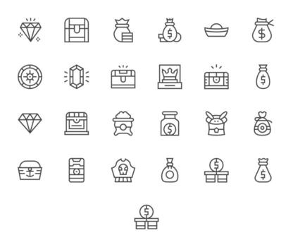 25 Pixel Optimized 256x256 Icons for Treasure in elegant Regular Line design vector