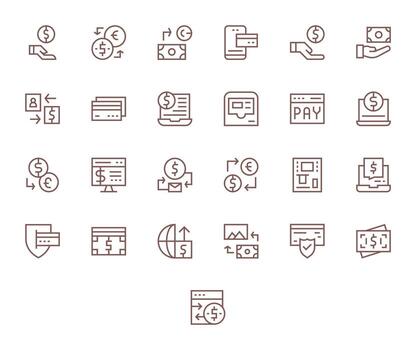 25 Regular Line Icons designed for Money Transfer in High Resolution Grid Fitted format vector