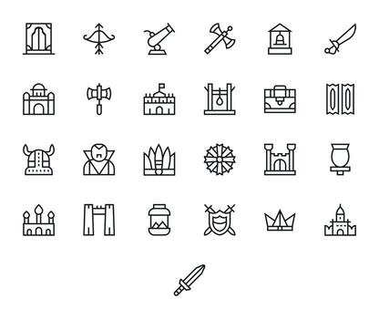 Medieval Modern Collection with 25 Regular Line 64x64 Pixel Optimized Icons vector