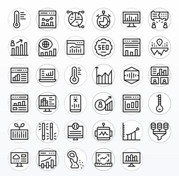 Analytics Exclusive Set featuring 35 Regular Line Grid Fitted 128x128 Icons vector