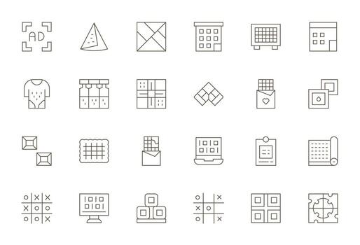 24 Delgado línea íconos para cuadrícula en crujiente 128x128 cuadrícula equipado resolución vector