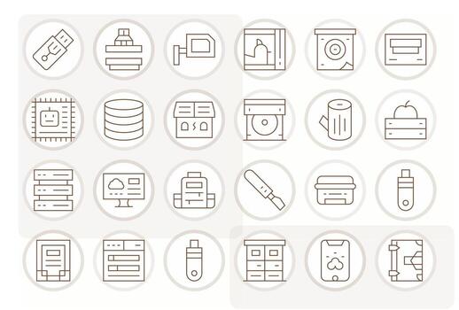 24 Thin Line Grid Fitted Icons crafted for Data Storage 64x64 applications vector