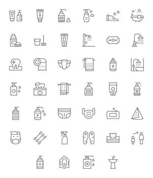 40 Thin Line Pixel Optimized Icons tailored for Hygiene 64x64 interface vector
