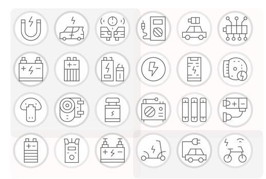 Battery Essential Set including 24 Grid Fitted Thin Line High Resolution Icons vector