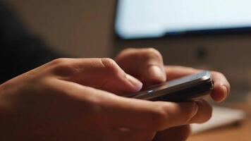 närbild av händer använder sig av en smartphone för kommunikation, bläddring och media konsumtion medan video