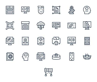Information Technology Comprehensive Bundle with 25 Pixel Optimized Regular Line 128x128 Icons vector