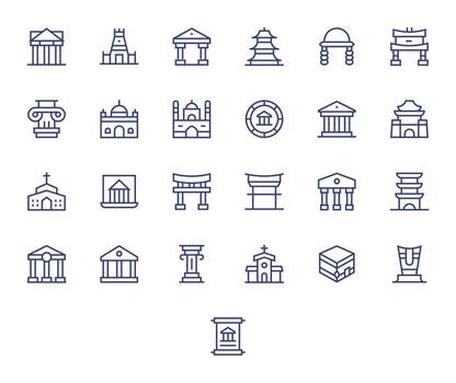 Temple Ultimate Package with 25 256x256 Regular Line Pixel Optimized Icons vector