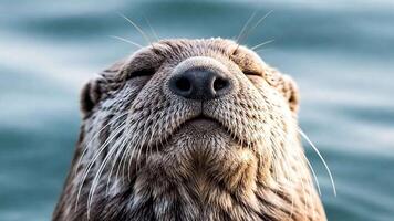 lugn utter vilar i de vatten, närbild se av dess ansikte och fredlig uttryck fångande video