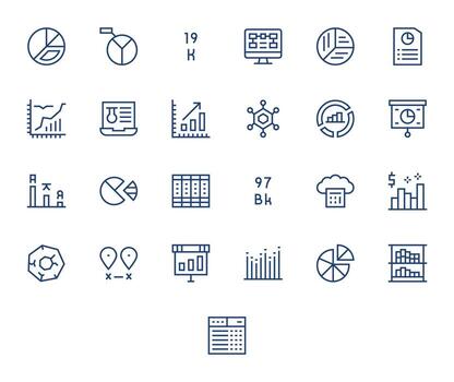 25 Regular Line Icons designed for Data Visualization in 128x128 Grid Fitted format vector