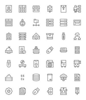 42 128x128 Regular Line Icons optimized for Data Storage Pixel Optimized display vector