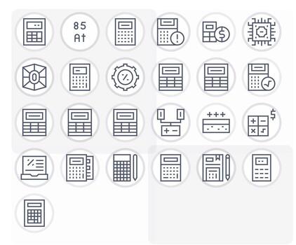 Regular Line Style Calculation Icons with 25 128x128 Pixel Aligned Designs vector