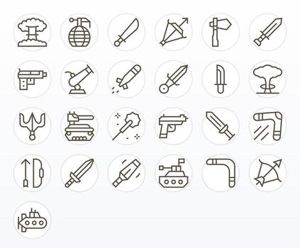 Weapon Icon Toolkit featuring 25 Editable 128x128 Regular Line elements vector