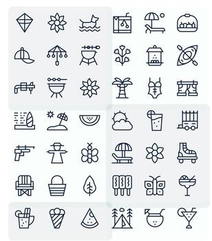 Summer Design Icons featuring 42 Grid Fitted Regular Line Style vector