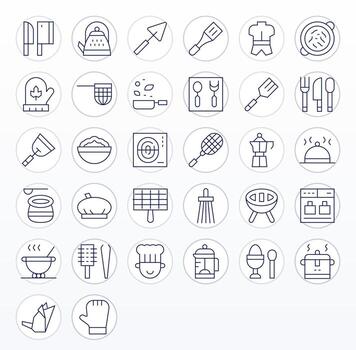 32 Thin Line Icons for Cookware in crisp Retina Ready Pixel Aligned resolution vector