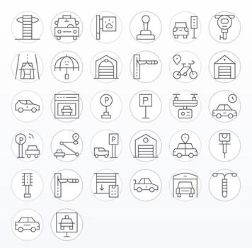 Parking Complete Package with 32 256x256 Thin Line Pixel Aligned Icons vector