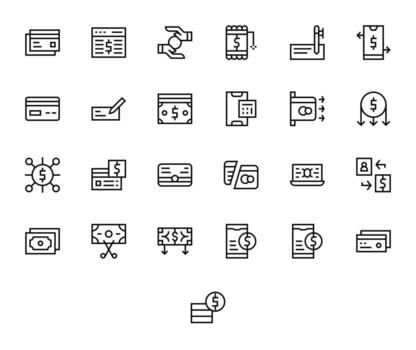 25 Icons for Debit optimized in Pixel Optimized 128x128 Regular Line resolution vector