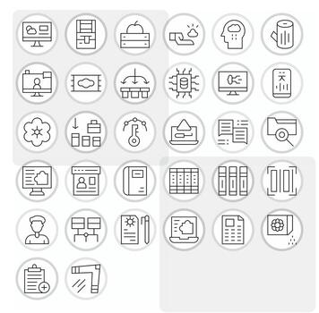 32 Thin Line Icons from Data Management in 64x64 Grid Fitted Quality vector