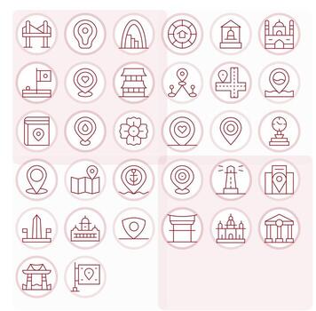 Landmark Icon Toolkit featuring 32 Editable 256x256 Thin Line elements vector