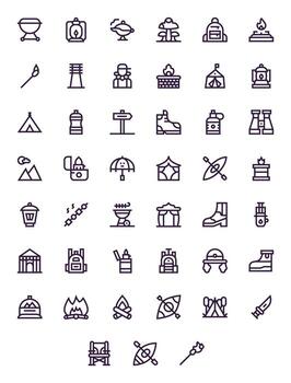 45 Icons for Camping featuring High Resolution PIXEL Perfect Bold Line Graphics vector