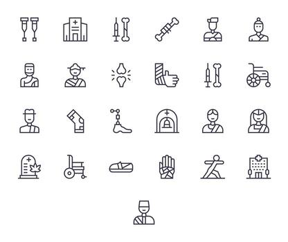 Rehabilitation Design Icons featuring 25 Pixel Optimized Regular Line Style vector