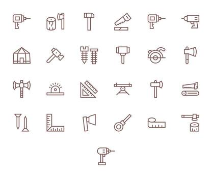 25 128x128 regular línea íconos para carpintería con cuadrícula equipado precisión vector