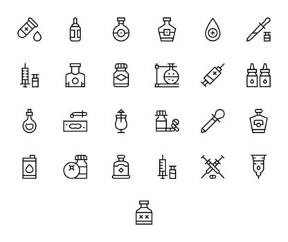 Vial Scalable Set featuring 25 Grid Fitted Regular Line High Resolution Icons vector