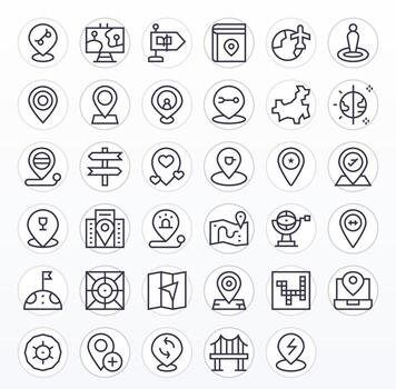 35 Regular Line Grid Fitted Icons crafted for Map High Resolution applications vector