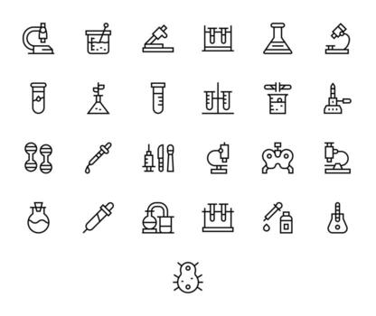 25 Regular Line Icons designed for Lab Equipment in 64x64 Grid Fitted format vector