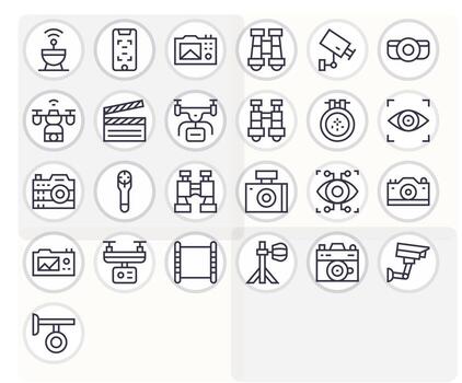 Camera Icon Collection featuring 25 Pixel Optimized 64x64 Regular Line Designs vector