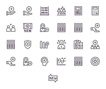 25 píxel optimizado íconos temática alrededor adición en 64 x 64 regular línea formato vector