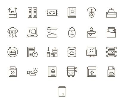 25 Regular Line Icons for Online Storage in crisp 64x64 Pixel Optimized resolution vector