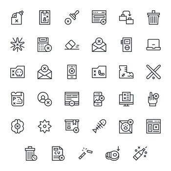 35 Icons for Delete featuring High Resolution Pixel Aligned Regular Line Graphics vector