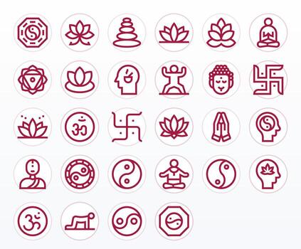 28 Pixel Optimized 256x256 Icons for Meditation in elegant Bold Line design vector