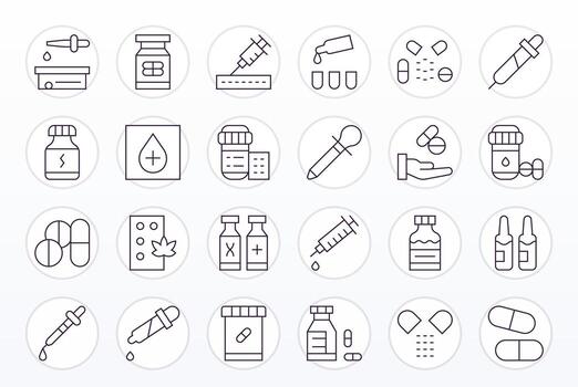 Dosage Scalable Set featuring 24 Pixel Optimized Thin Line Retina Ready Icons vector