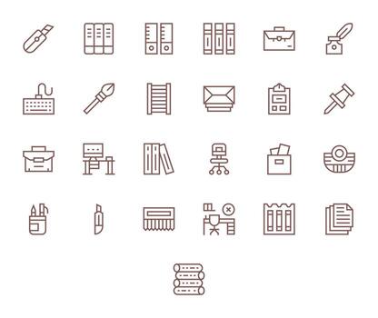 regular línea estilo oficina suministros íconos con 25 alto resolución píxel optimizado diseños vector