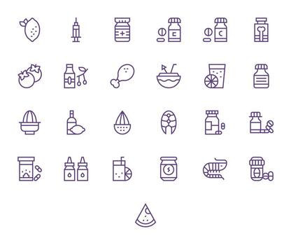 vitamina icono biblioteca con 25 regular línea alto resolución píxel optimizado diseños vector