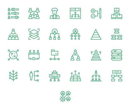 25 High Resolution Regular Line Icons for Hierarchy with Grid Fitted precision vector