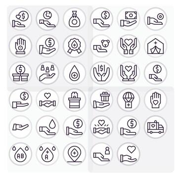35 Regular Line Icons designed for Donation in 128x128 Detail Enhanced format vector