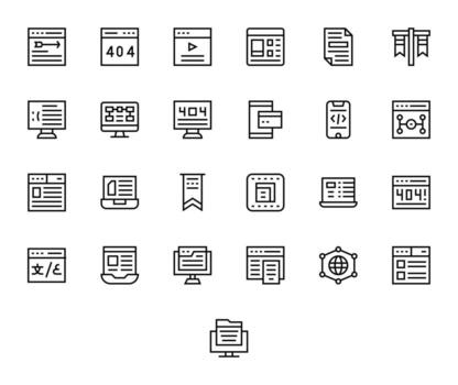 Webpage Icon Collection featuring 25 Grid Fitted 256x256 Regular Line Designs vector