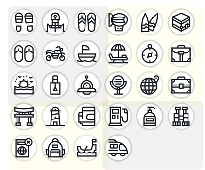 Travel High Resolution Icon Pack with 28 Bold Line Pixel Optimized Elements vector