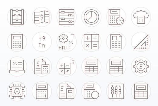 24 Calculation Grid Fitted Icons in High Resolution Thin Line Aesthetic vector