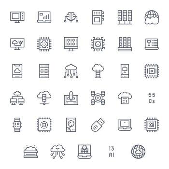 35 Icons for Computing featuring 256x256 Grid Fitted Regular Line Graphics vector
